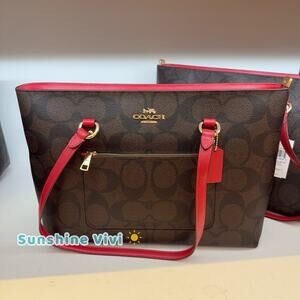 NWT COACH Station Tote Bag In Maxi Signature Canvas CCD70 Im/Walnut/True Red